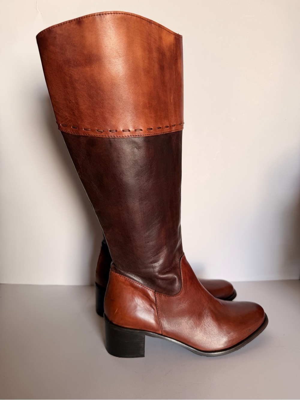 Two-Tone Brown Leather Knee-High Heeled Boots